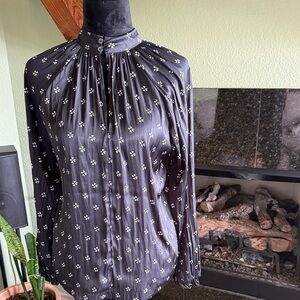 GAP Black Blouse with White Floral Dot Pattern and High Collar